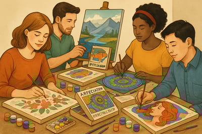 Ilustración de personas pintando y creando arte con kits de Arteliana